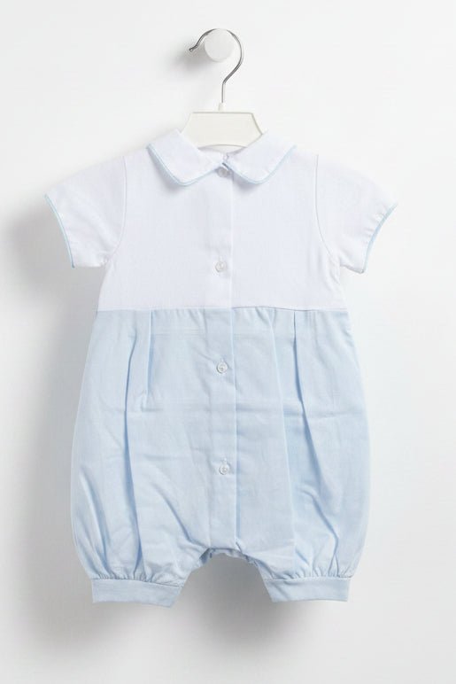 Albert – Elegant Hand-Smocked Baby Boy Romper – White & Blue