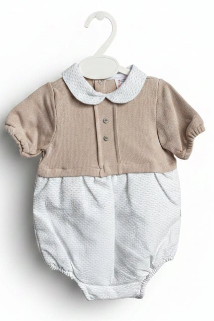 Oliver – Vintage Style Knit Baby Boy Romper – Camel & White