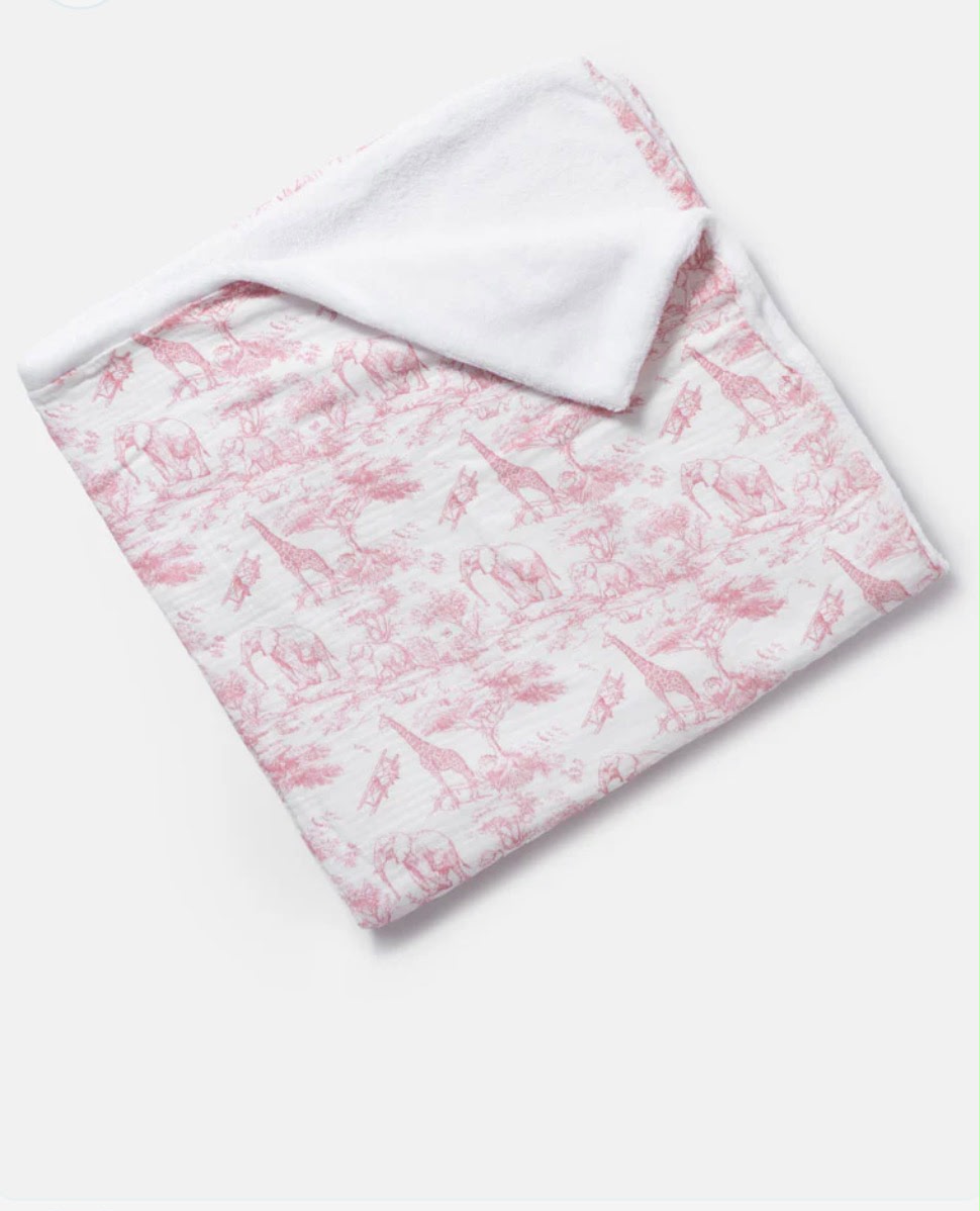 Safari Toile Baby Blanket – Soft Muslin & Fleece in Dusty Blue or Rose Pink