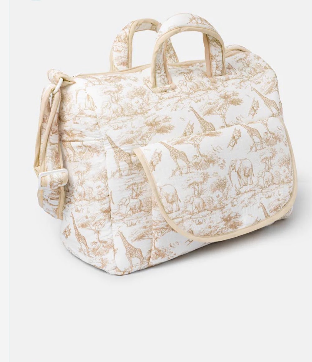 Elegant Safari Print Baby Travel Bag – Soft Blue, Pink & Neutral Tan