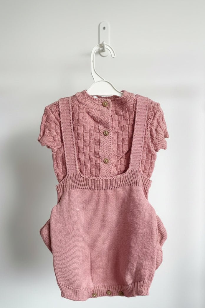 Ava – Traditional Cable Knit Baby Romper Set – Rose Pink