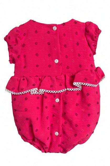 Rosie – Vibrant Pink Plumetis Baby Romper with Ruffles