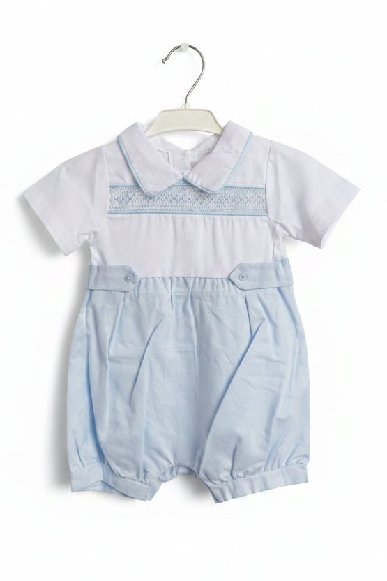 Albert – Elegant Hand-Smocked Baby Boy Romper – White & Blue