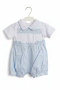 Albert – Elegant Hand-Smocked Baby Boy Romper – White & Blue