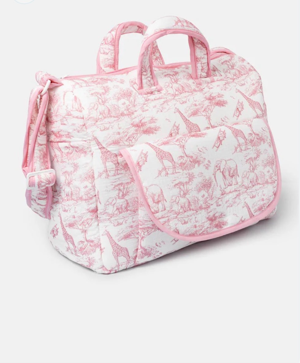 Elegant Safari Print Baby Travel Bag – Soft Blue, Pink & Neutral Tan