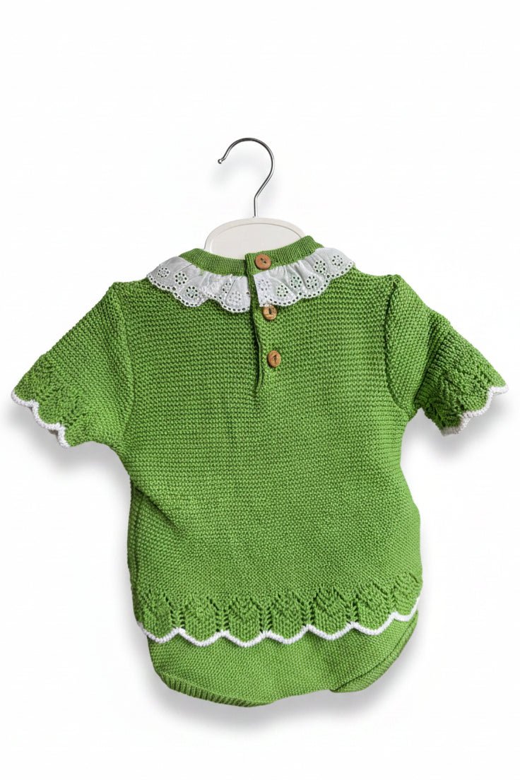 Olive – Green Knit Baby Romper Set with Lace Collar