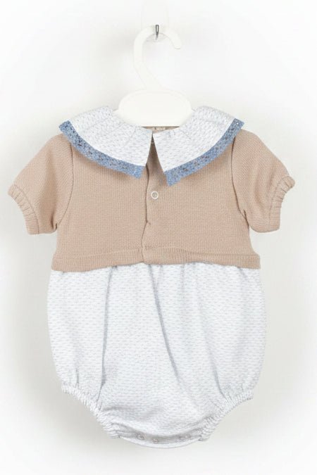 Beau – Vintage Style Knit Baby Romper with Bows – Camel & Blue