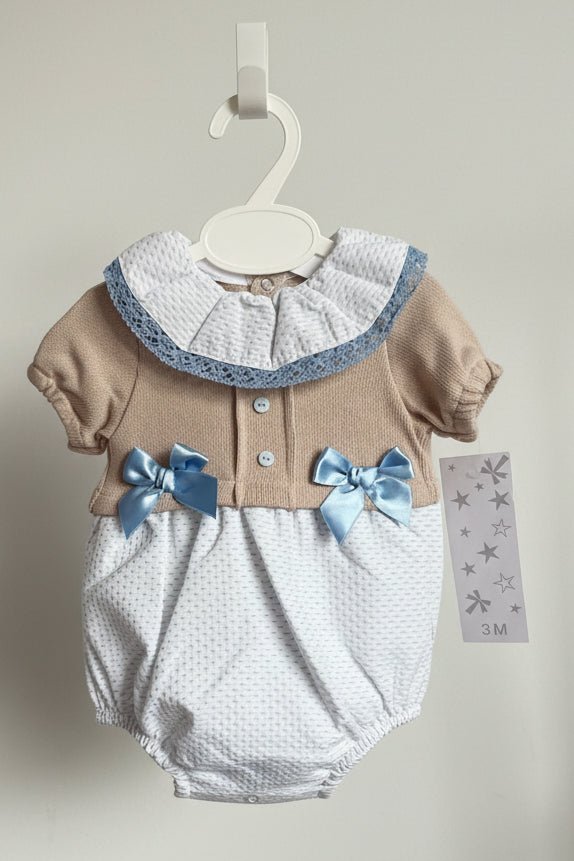 Beau – Vintage Style Knit Baby Romper with Bows – Camel & Blue