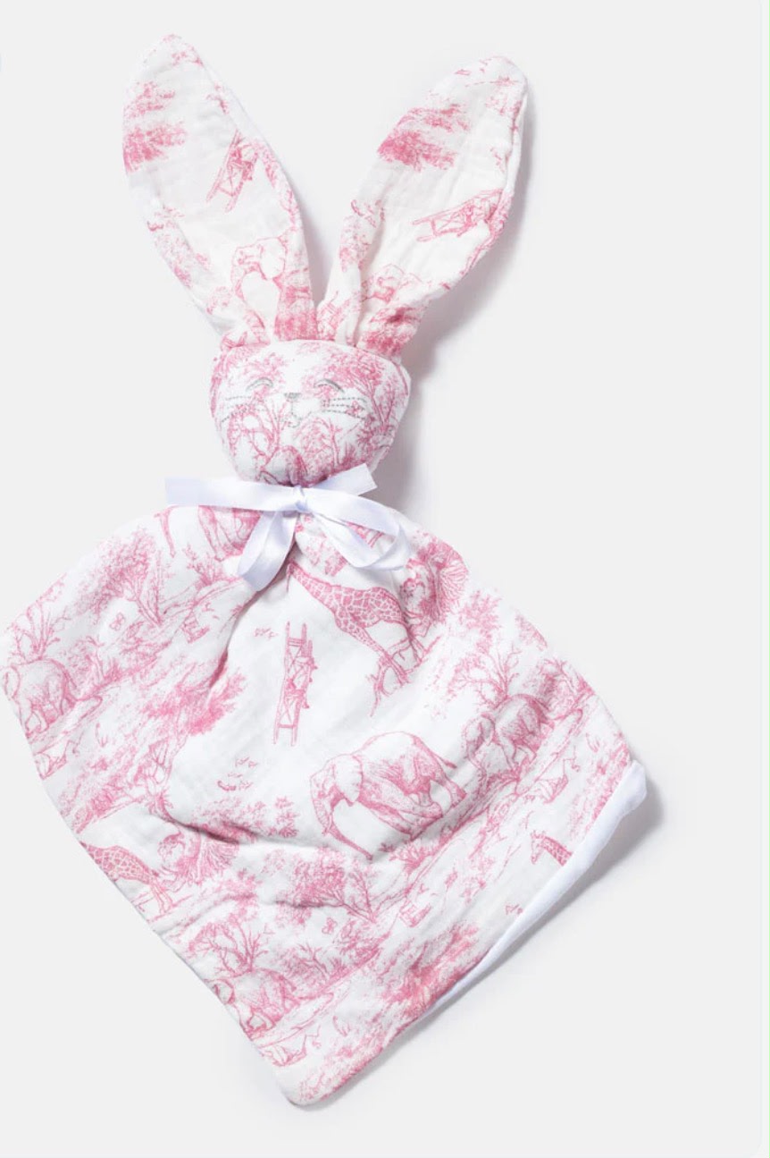 Safari Bunny Lovey & Comforter – Soft Muslin Toile in Dusty Blue or Rose Pink