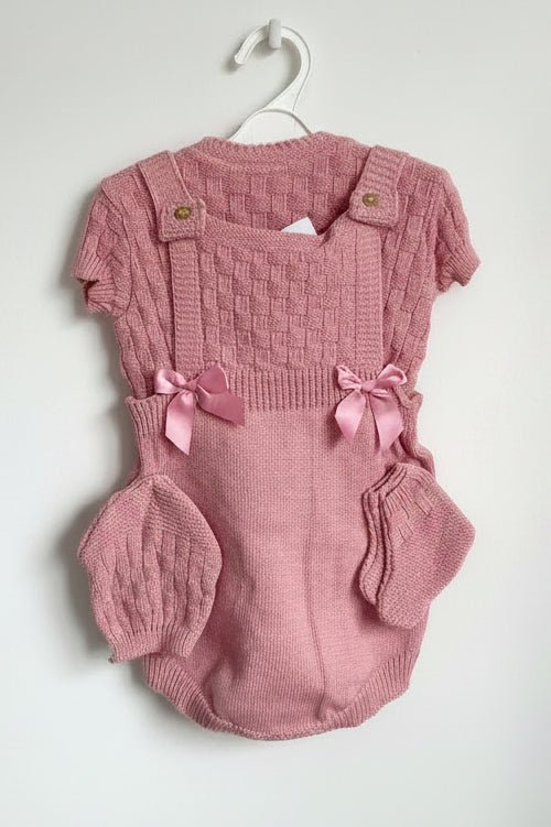 Ava – Traditional Cable Knit Baby Romper Set – Rose Pink
