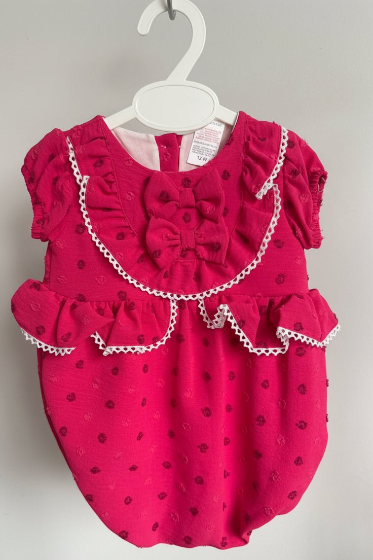 Rosie – Vibrant Pink Plumetis Baby Romper with Ruffles
