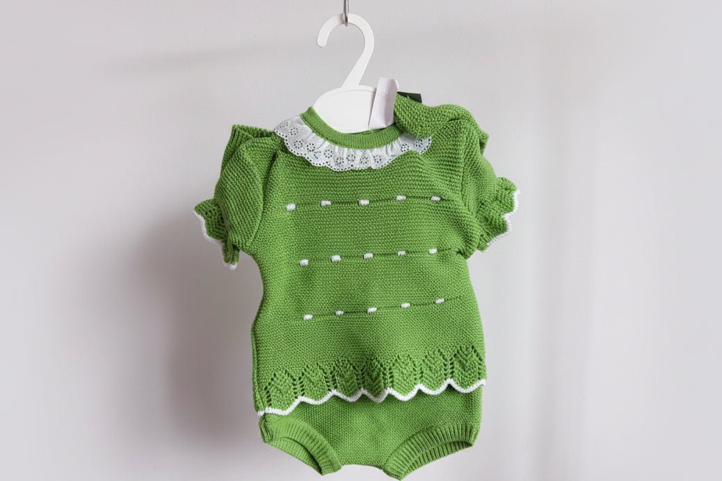 Olive – Green Knit Baby Romper Set with Lace Collar