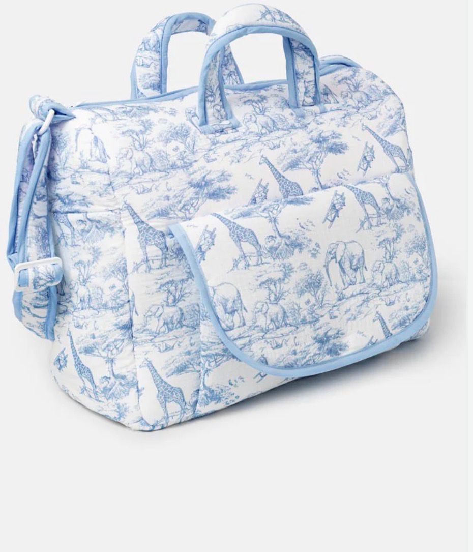 Elegant Safari Print Baby Travel Bag – Soft Blue – Neutral Tan