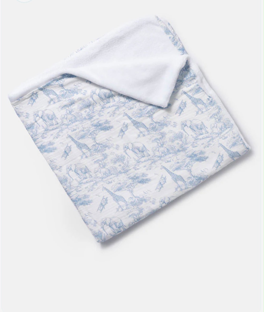 Safari Toile Baby Blanket – Soft Muslin & Fleece in Dusty Blue or Rose Pink