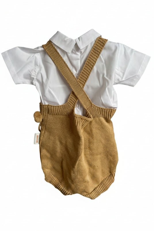 Freddie – Traditional Toffee Brown Knit Baby Overalls & Shirt Set